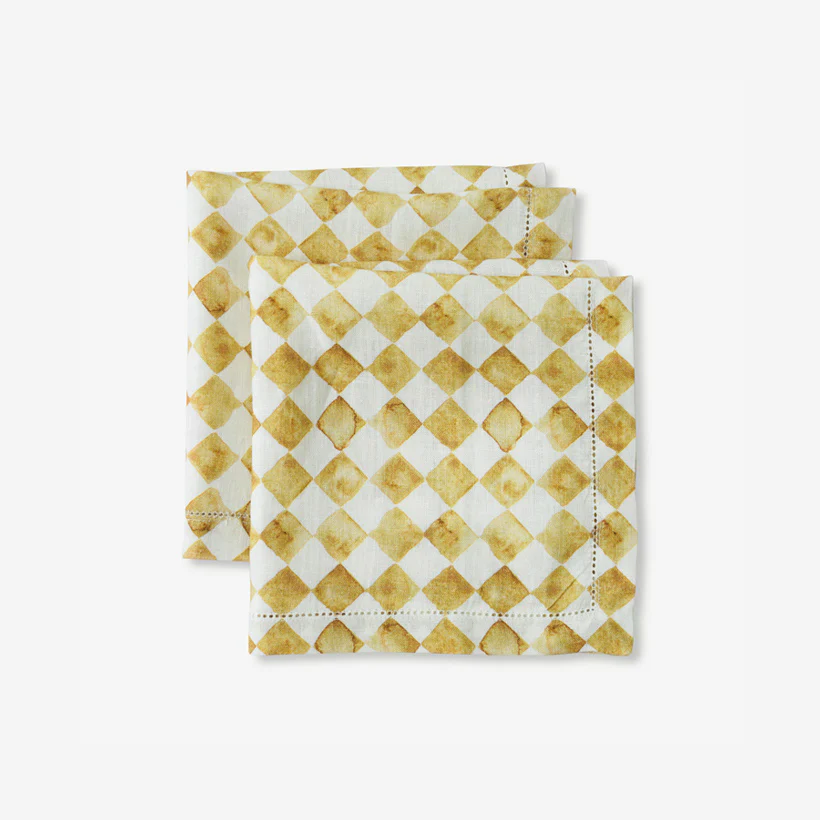 Checker Linen Table Napkins, Set of 2 - Ochre - Image 2