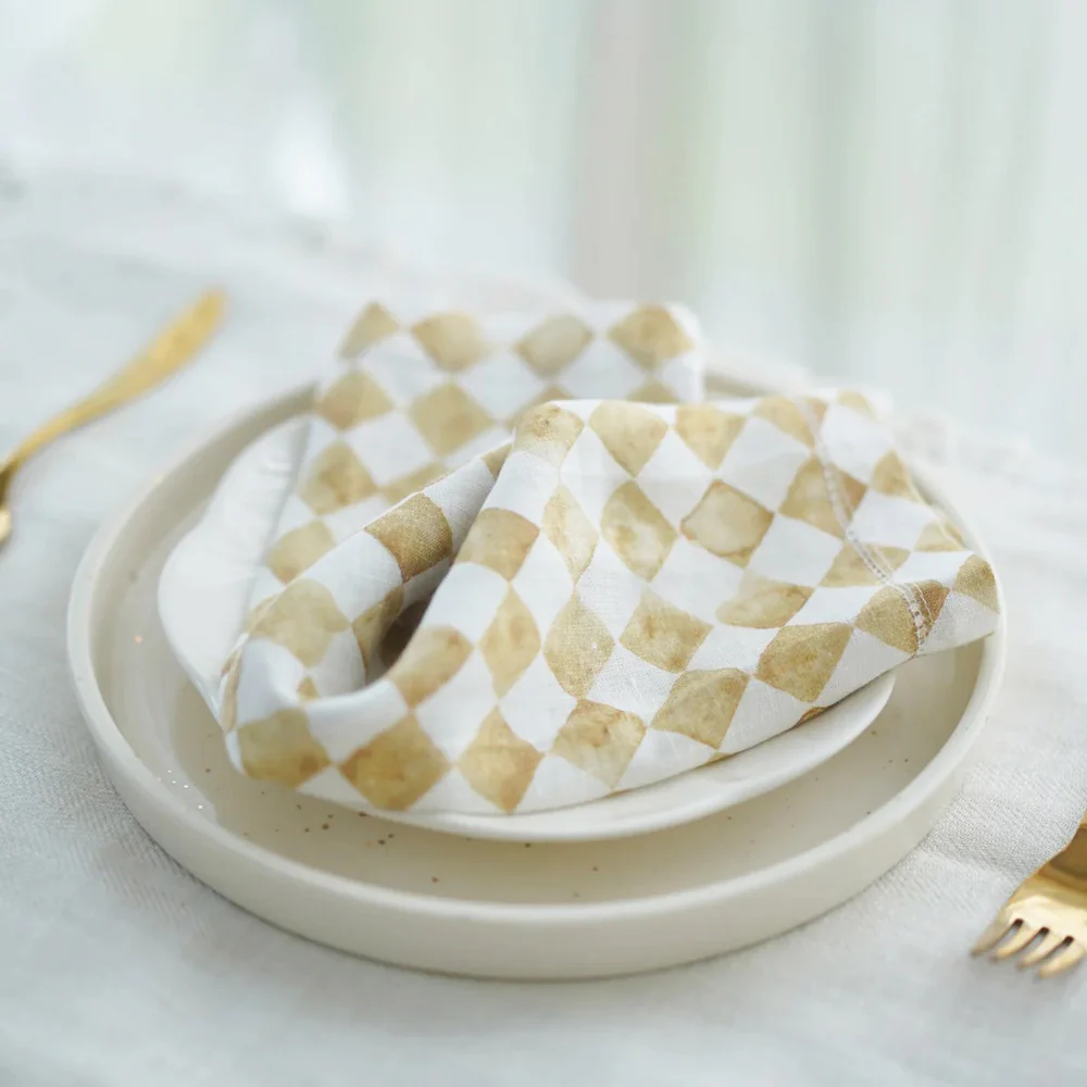 Checker Linen Table Napkins, Set of 2 - Ochre - Image 3