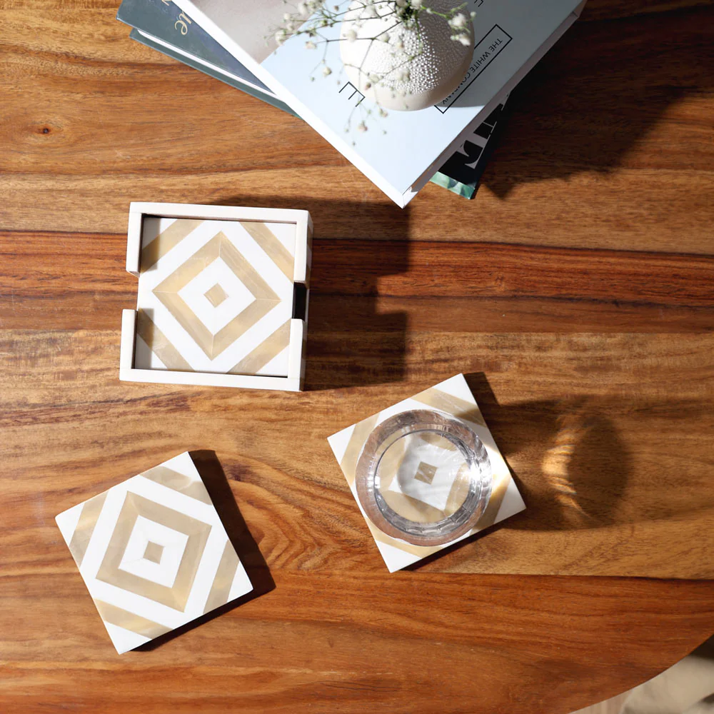 Chevre Square Resin Coasters, Set of 4 - Beige White - Image 4
