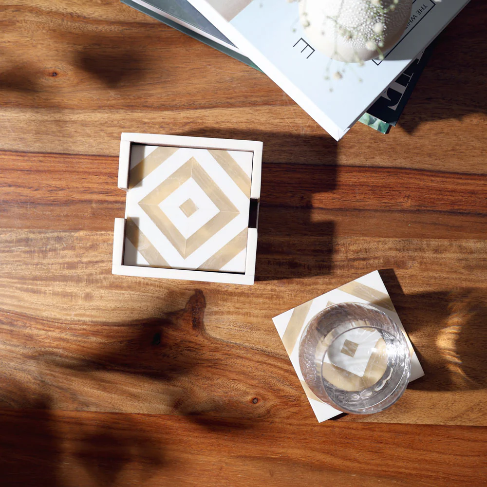 Chevre Square Resin Coasters, Set of 4 - Beige White - Image 5