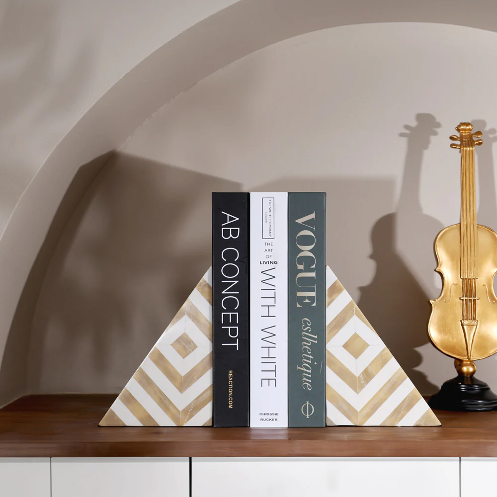 Chevre Triangular Resin Bookends, Set of 2 - Beige White - Image 5