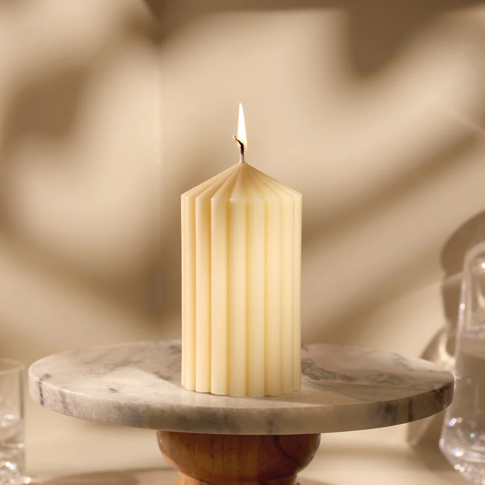 Cina Ribbed Tower Candle Medium - Cream - Image 7
