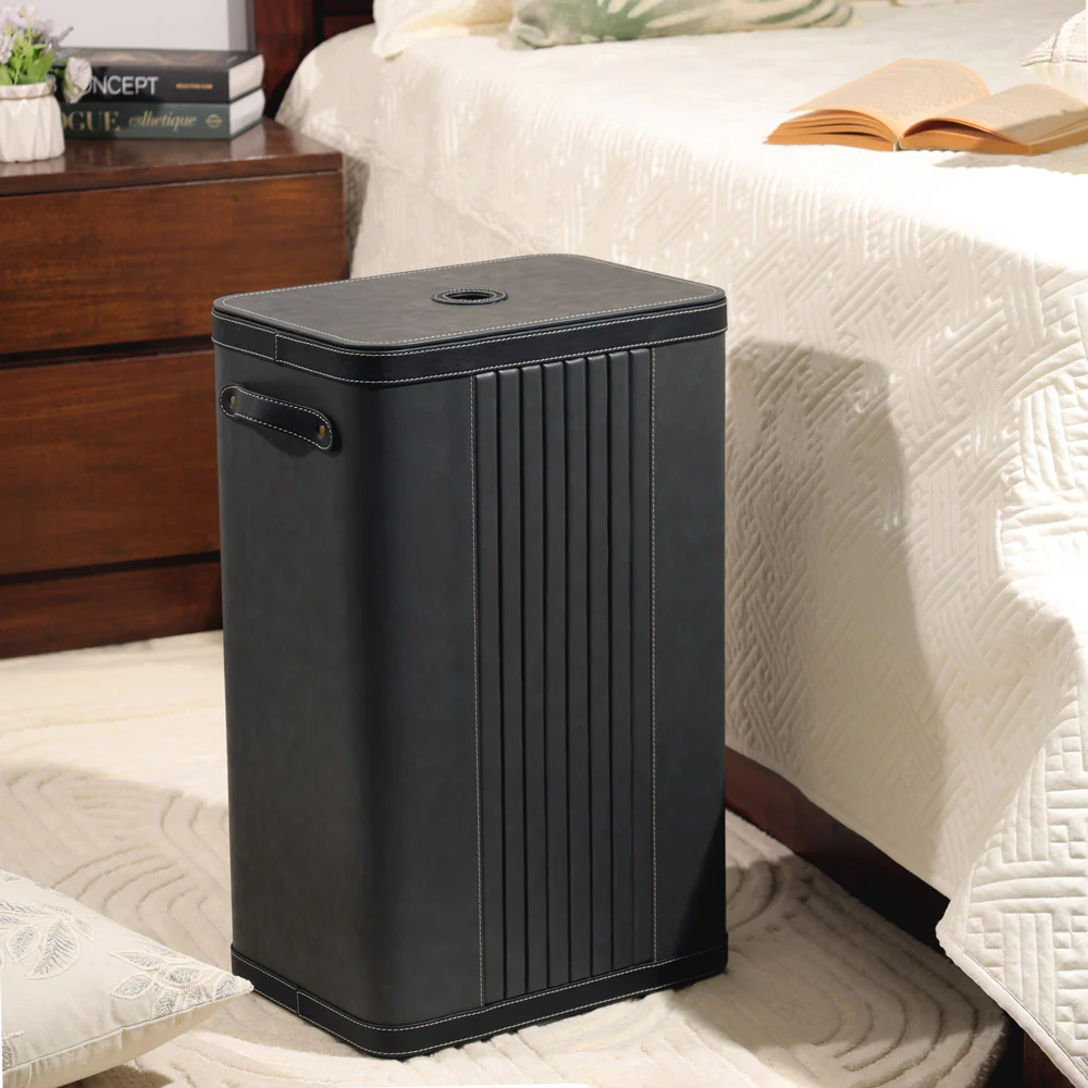 Coda Striped Laundry Bin with Lid - Grey Black - Image 5