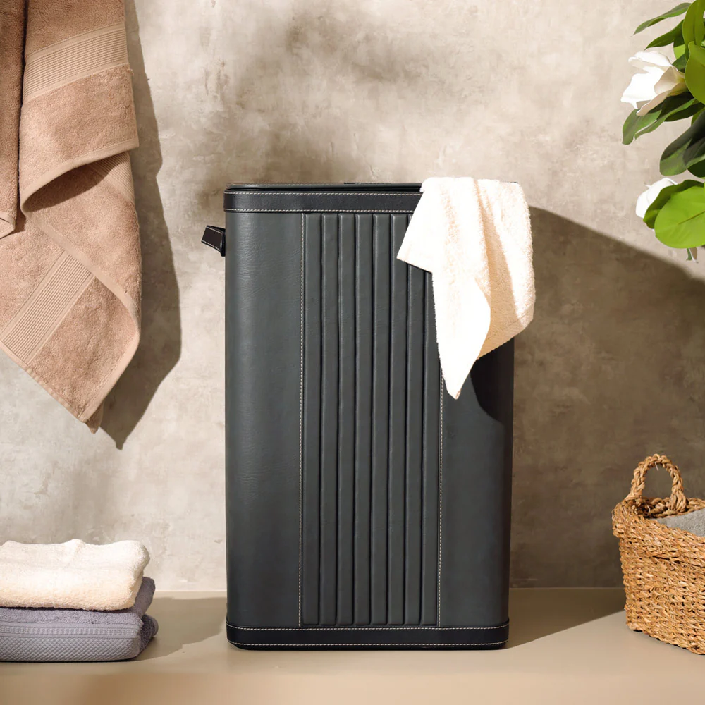 Coda Striped Laundry Bin with Lid - Grey Black - Image 7