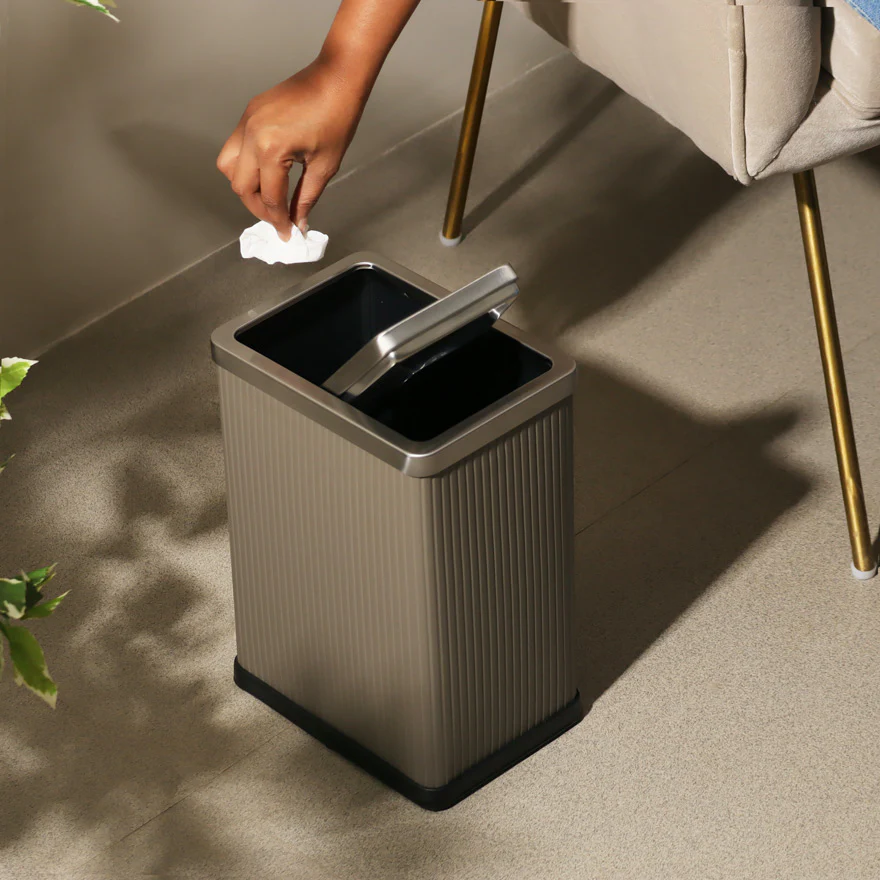 Columns Rectangular Waste Can With Lid 10L - Dark Grey & Steel