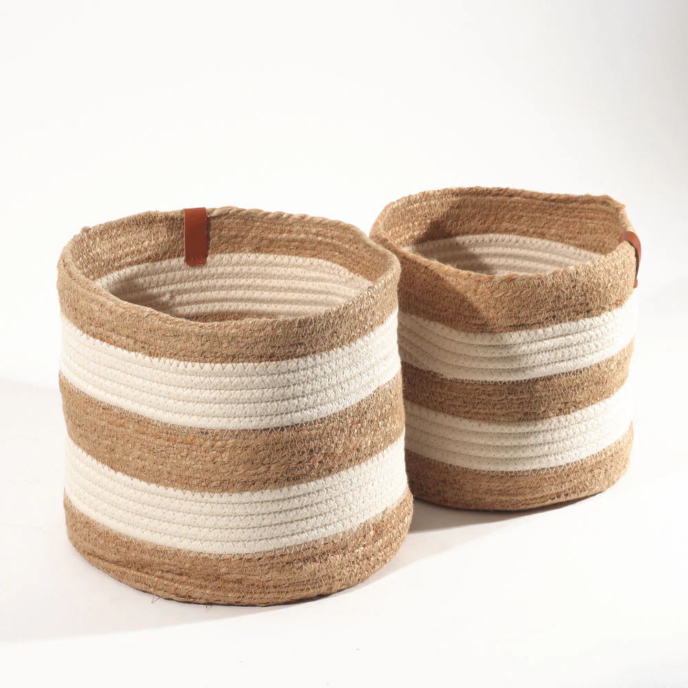 Cotton & Jute Barrel Planters, Set of 2 - Natural Cream - Image 3
