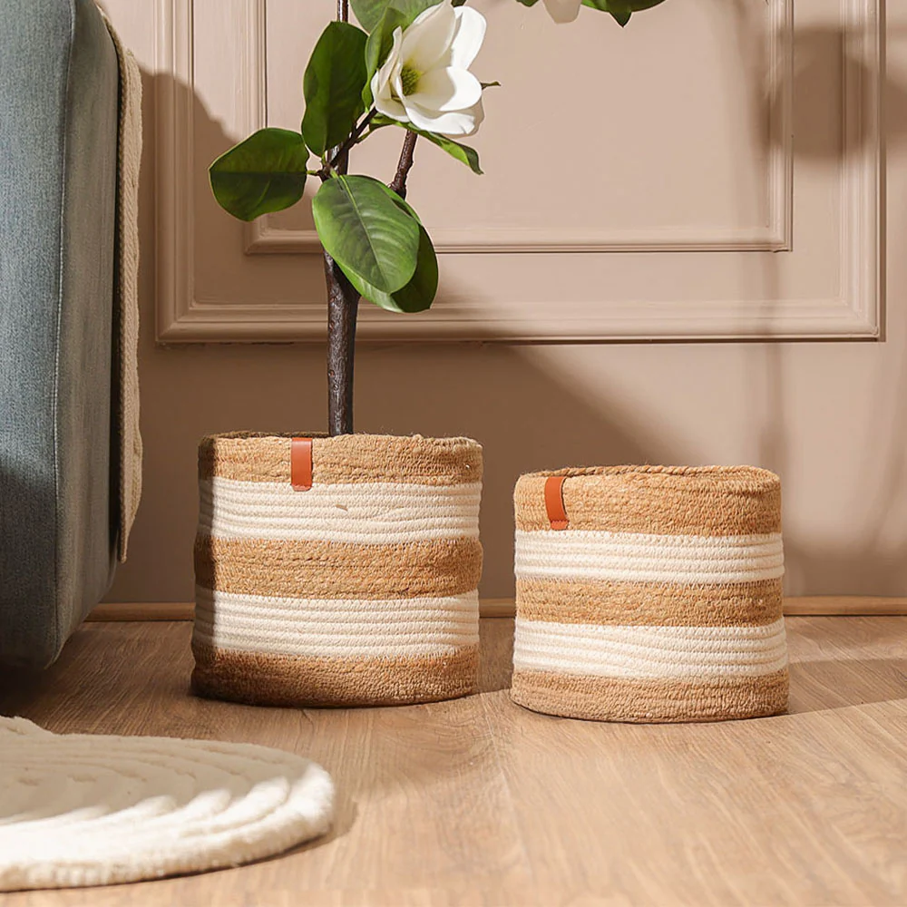Cotton & Jute Barrel Planters, Set of 2 - Natural Cream - Image 4