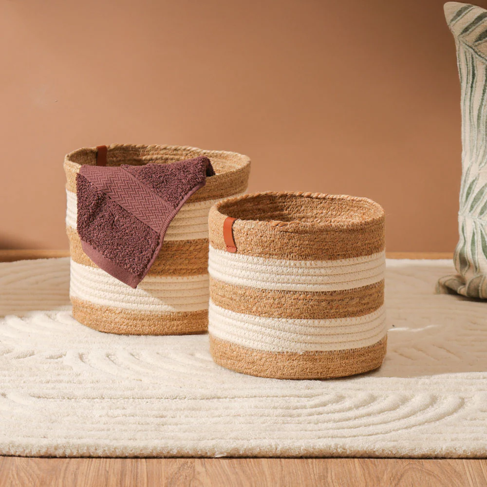 Cotton & Jute Barrel Planters, Set of 2 - Natural Cream - Image 6