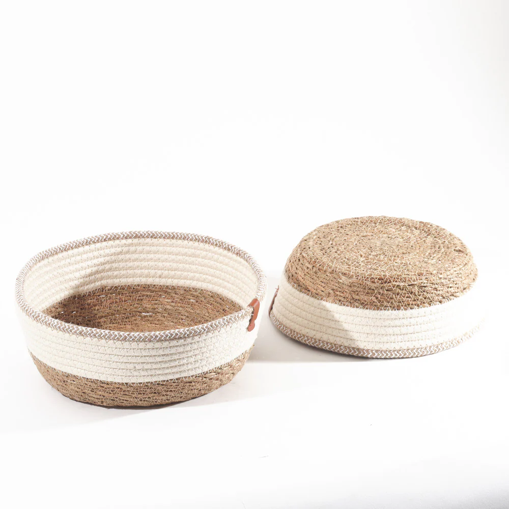 Cotton & Jute Round Storage Baskets, Set of 2 - Natural Cream - Image 3
