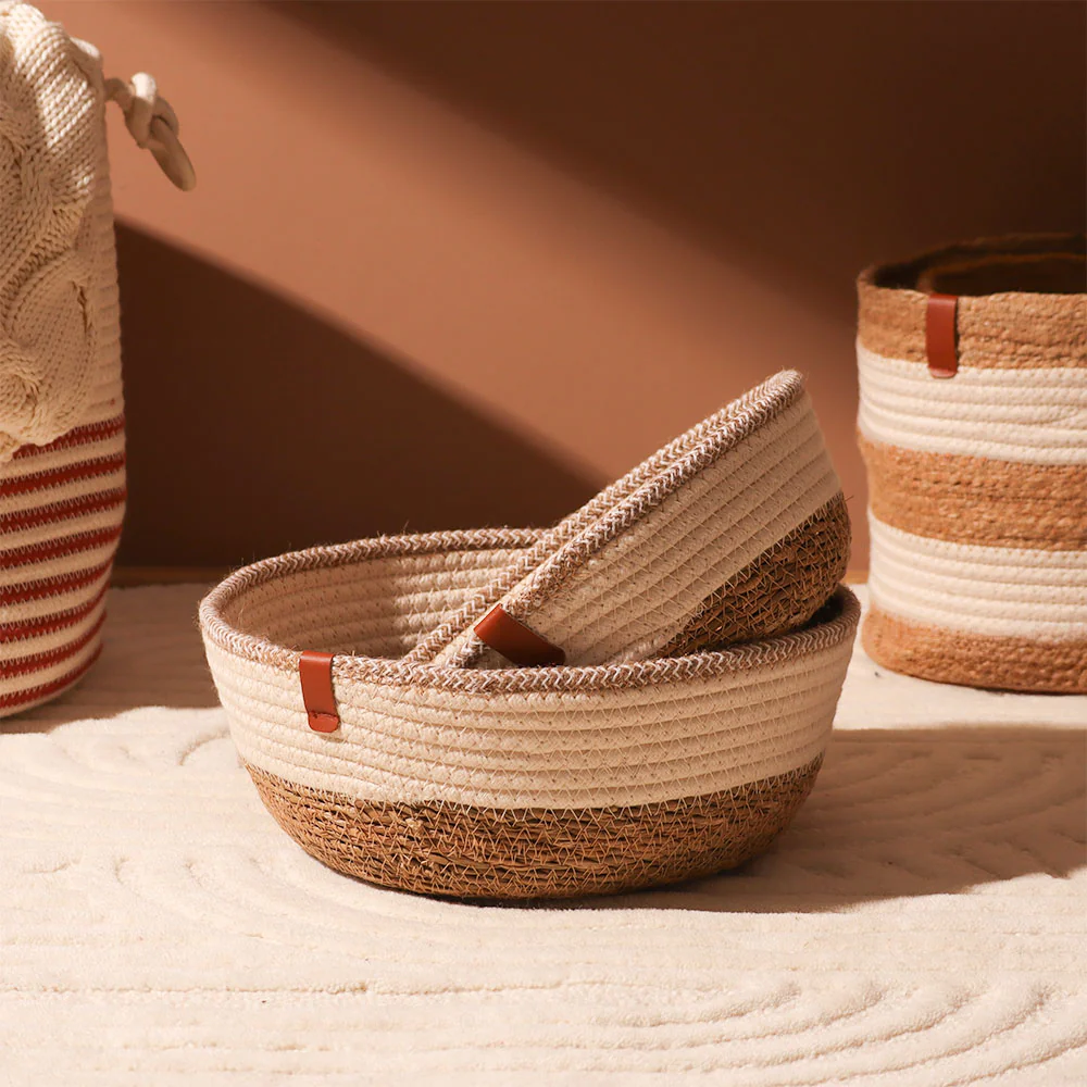 Cotton & Jute Round Storage Baskets, Set of 2 - Natural Cream - Image 4