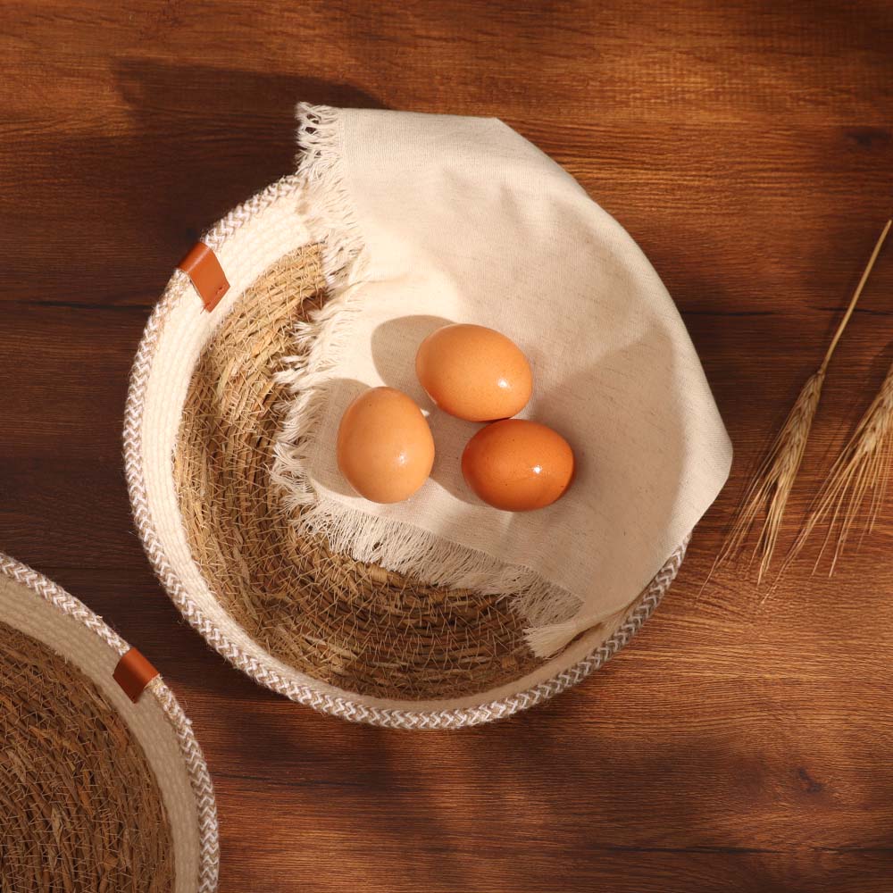 Cotton & Jute Round Storage Baskets, Set of 2 - Natural Cream - Image 6
