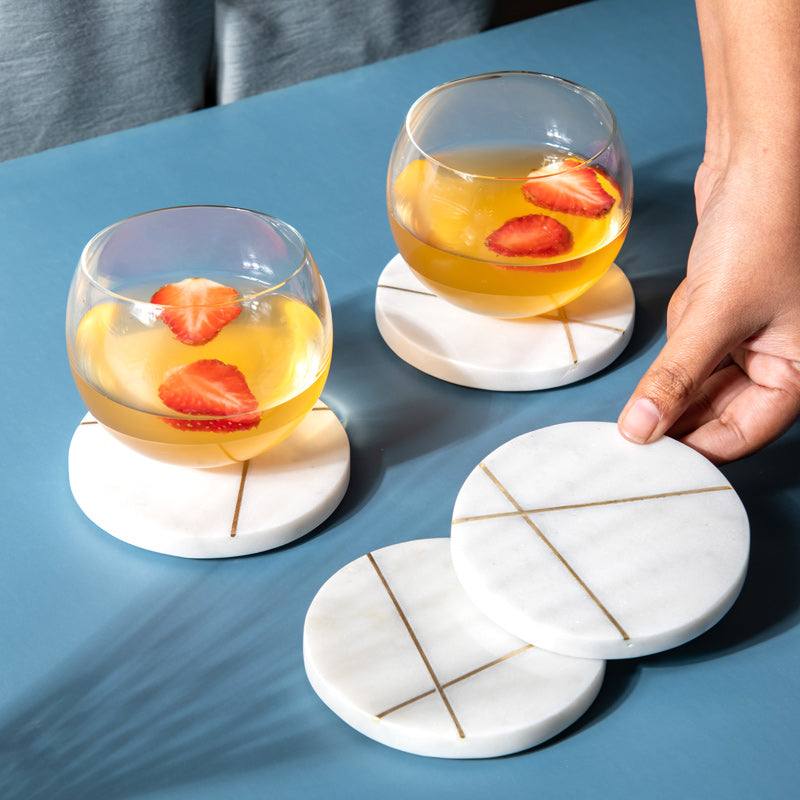 Cross Round Marble Coasters, Set of 4 - White & Gold - Image 3