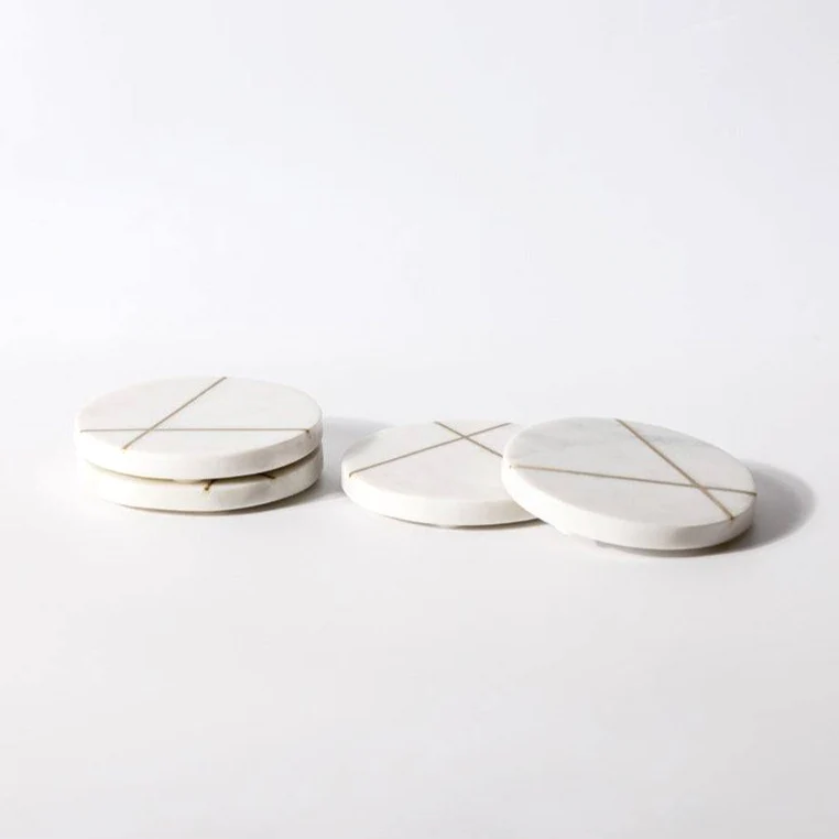 Cross Round Marble Coasters, Set of 4 - White & Gold - Image 4
