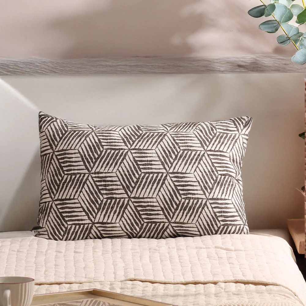 Cubes Rectangular Printed Cotton Cushion Cover 50x30cm - Grey White - Image 2