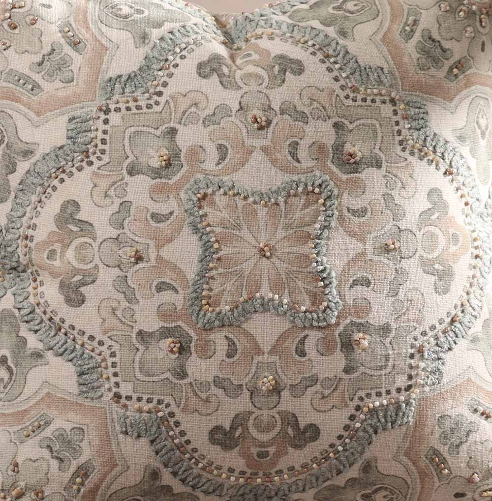 Damask Beaded & Embroidered Cotton Cushion Cover 45x45cm - Pastel Cream - Image 4