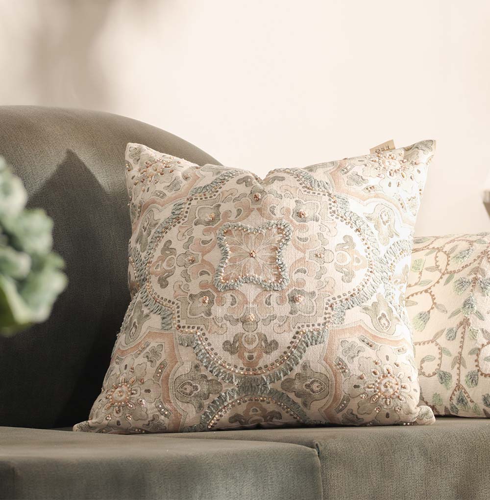 Damask Beaded & Embroidered Cotton Cushion Cover 45x45cm - Pastel Cream - Image 5