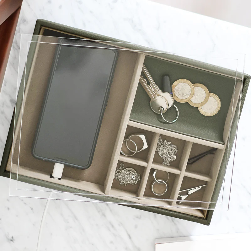 Desk Valet Organiser With Acrylic Lid - Olive Green - Image 5
