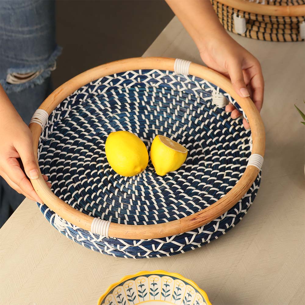 Deux Seagrass Round Tray Large - Blue White - Image 2