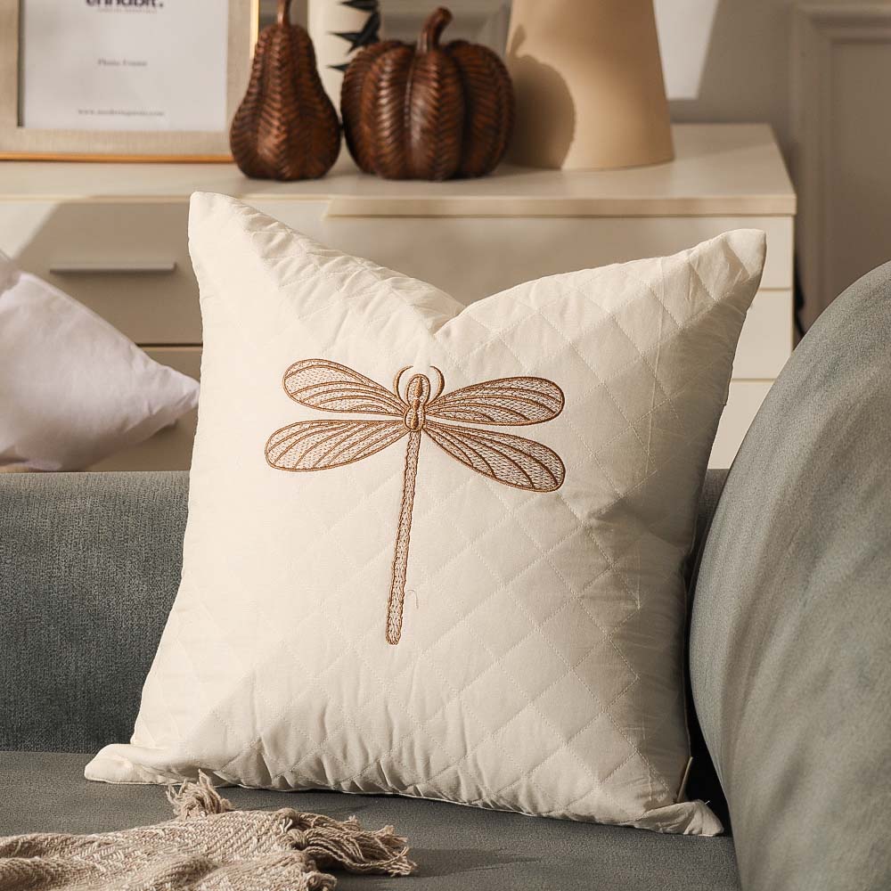 Dragonfly Embroidered & Quilted Cushion Cover 45x45cm - Gold White