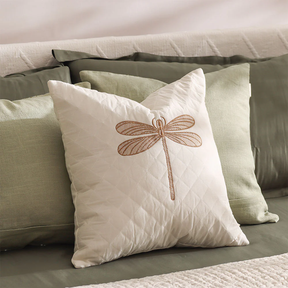 Dragonfly Embroidered & Quilted Cushion Cover 45x45cm - Gold White - Image 2