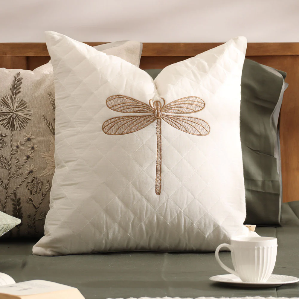 Dragonfly Embroidered & Quilted Cushion Cover 45x45cm - Gold White - Image 3