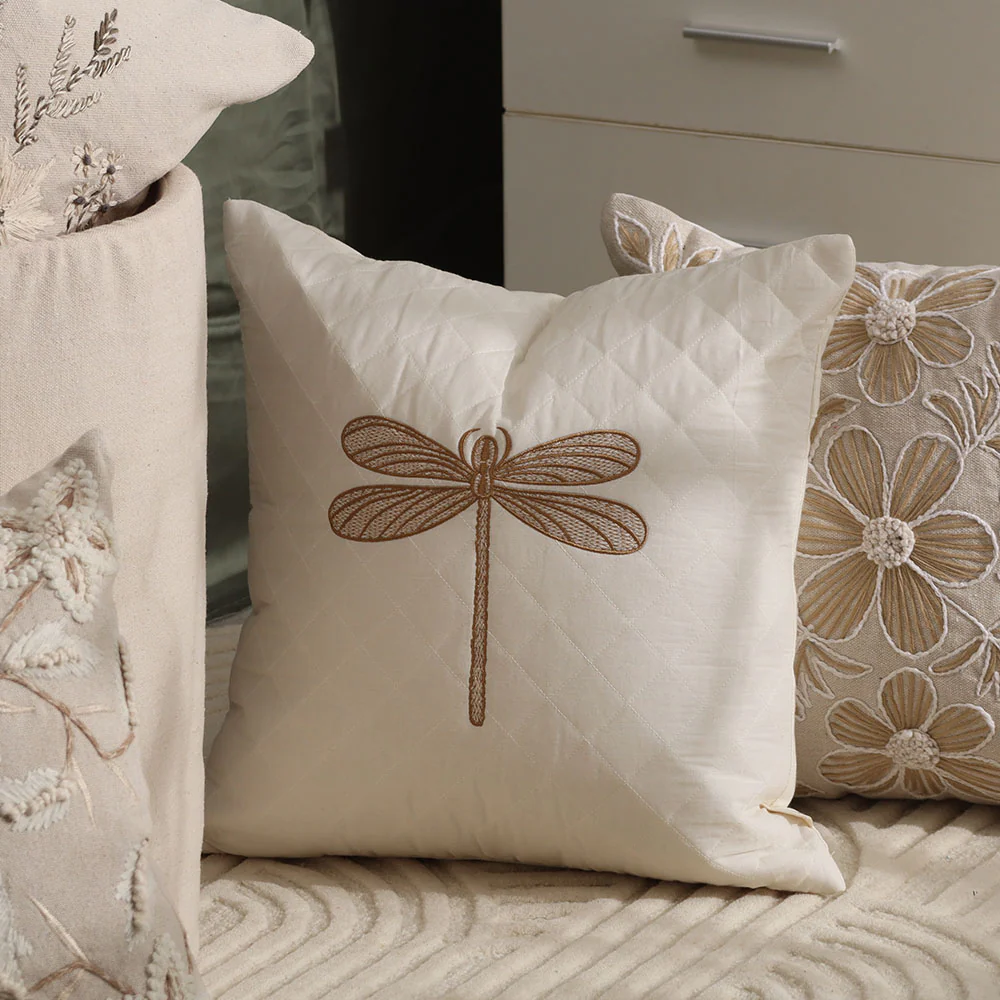 Dragonfly Embroidered & Quilted Cushion Cover 45x45cm - Gold White - Image 4