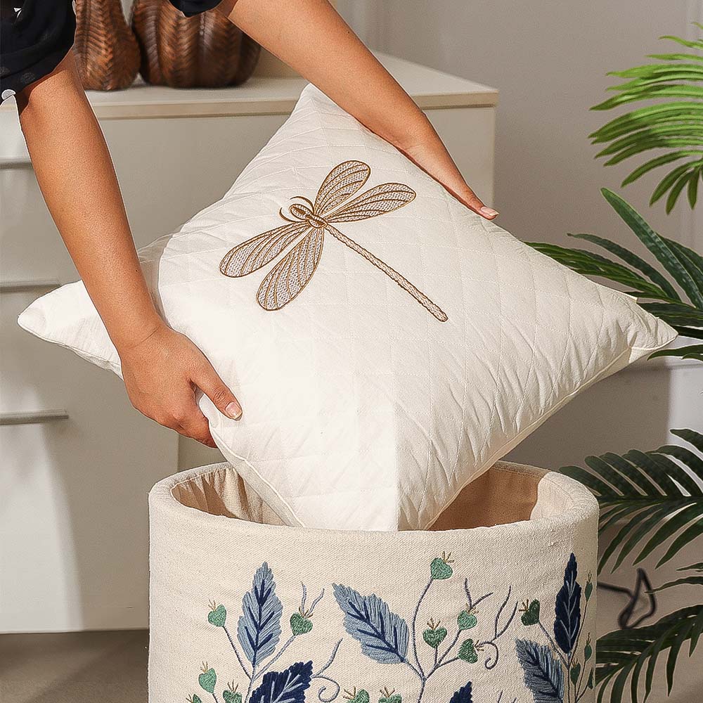 Dragonfly Embroidered & Quilted Cushion Cover 45x45cm - Gold White - Image 5