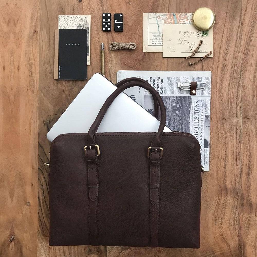 Dual Zip Leather Laptop Bag - Dark Brown