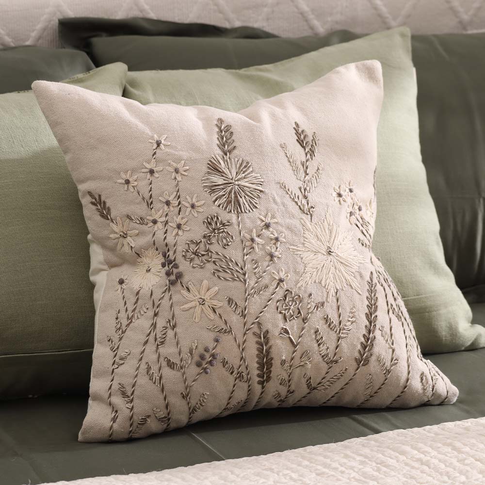Dusk Meadow Embroidered Cushion Cover 45x45cm - Olive Beige - Image 3
