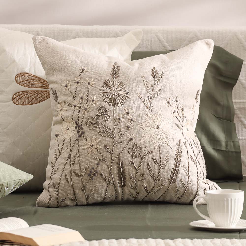 Dusk Meadow Embroidered Cushion Cover 45x45cm - Olive Beige - Image 4