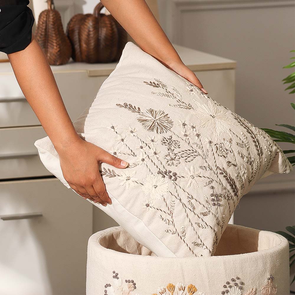 Dusk Meadow Embroidered Cushion Cover 45x45cm - Olive Beige - Image 5