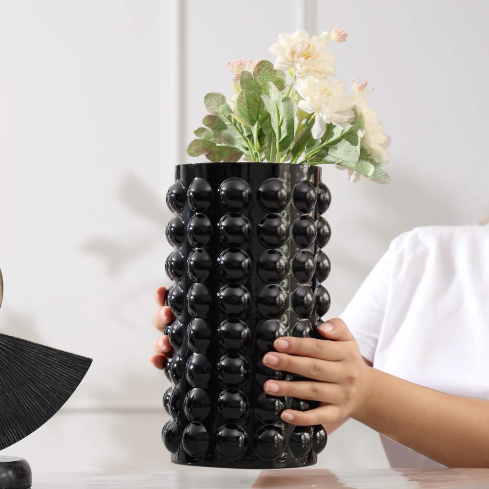 Elessa Bubbled Glass Vase Medium - Black - Image 4