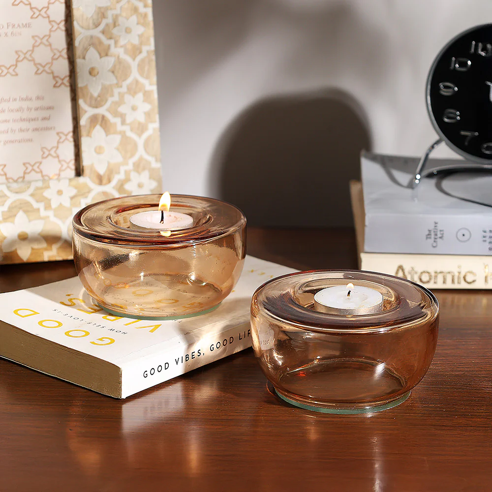 Ella Round Tealight Holders, Set of 2 - Mocha - Image 2