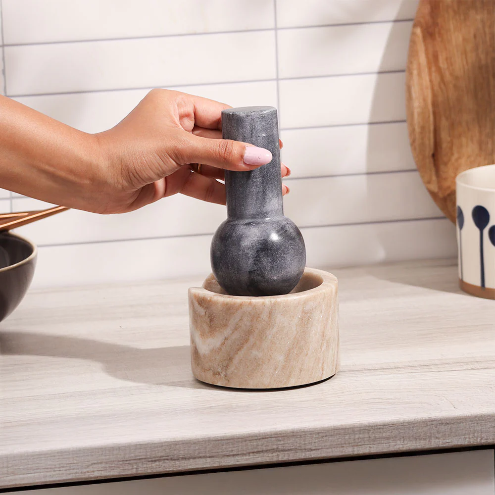 Ellis Marble Mortar and Pestle Set - Beige Black - Image 4