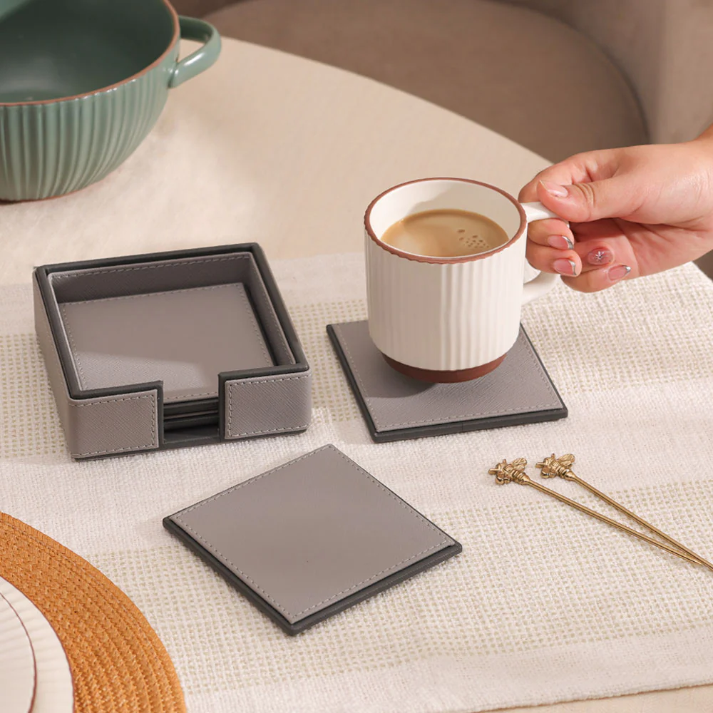 Espra Square Coasters with Holder, Set of 4 - Light Grey - Image 2