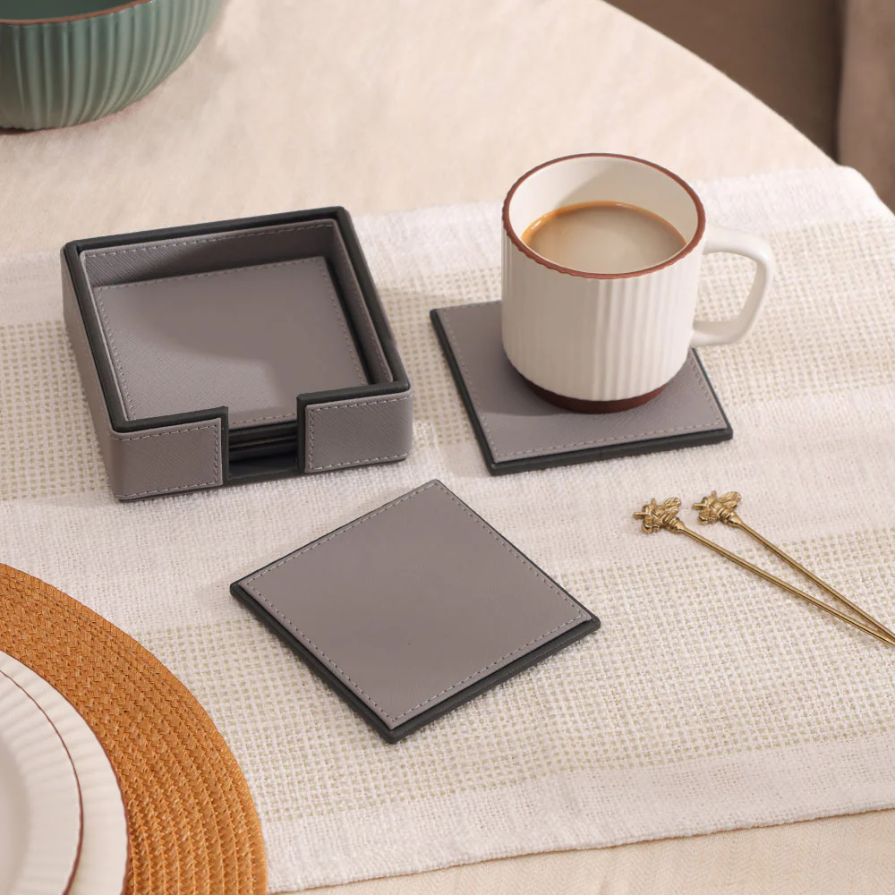 Espra Square Coasters with Holder, Set of 4 - Light Grey - Image 3