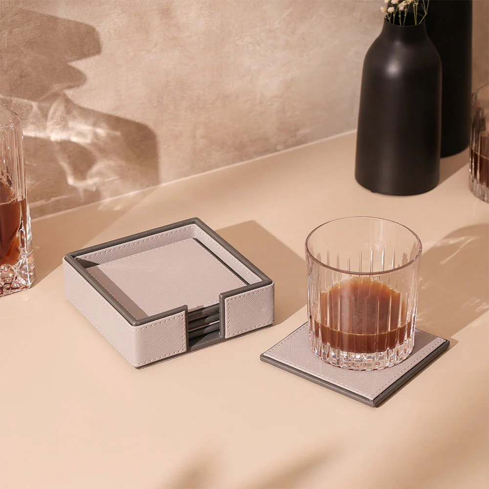 Espra Square Coasters with Holder, Set of 4 - Light Grey - Image 5