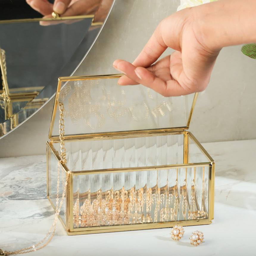 Eva Glass Jewellery Box Medium - Gold - Image 2
