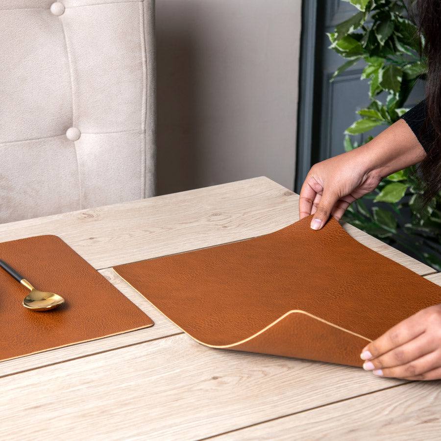 Faux Leather Rectangular Placemats, Set of 2 - Tan Brown - Image 4