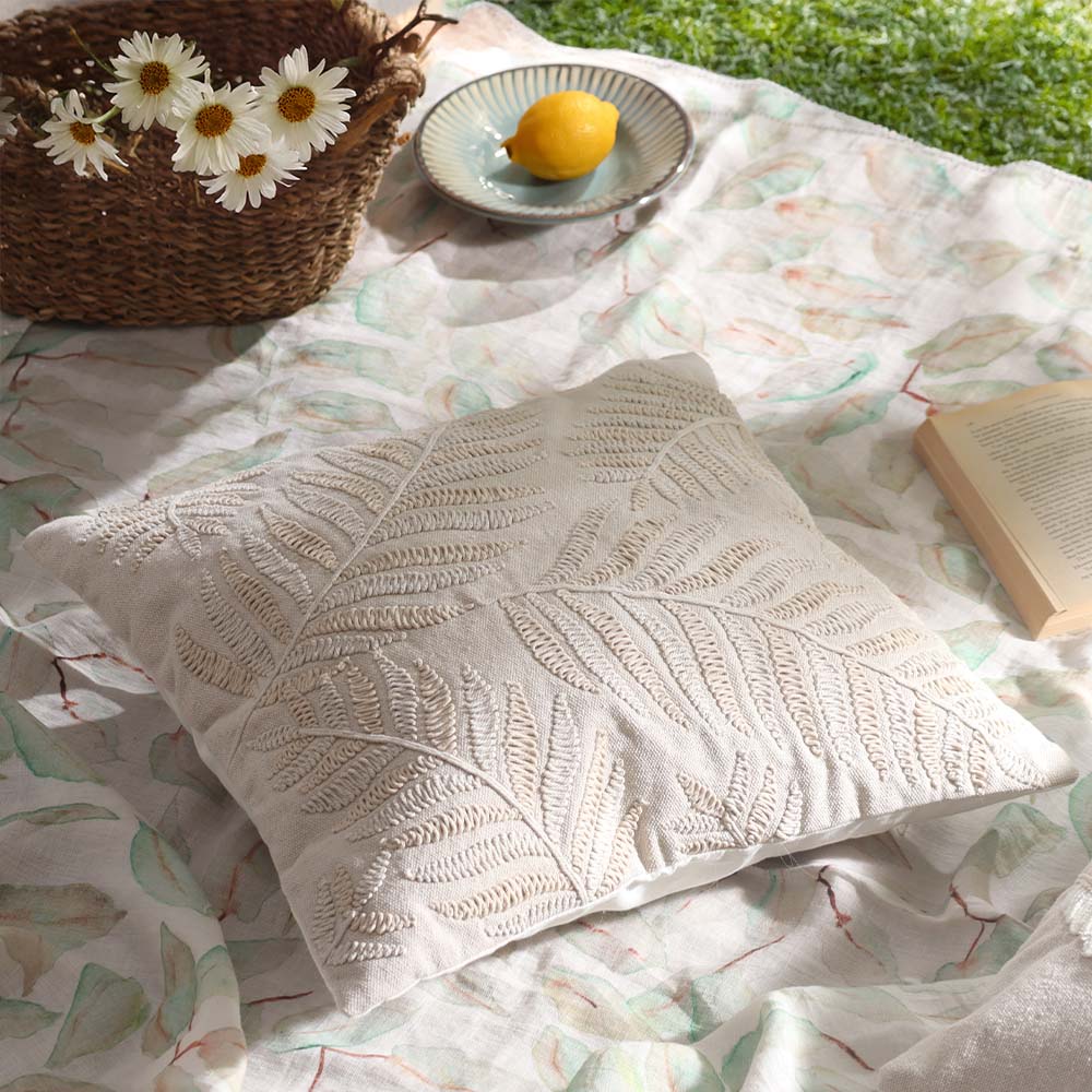 Fern Embroidered Cotton Cushion Cover 45x45cm - Beige - Image 2