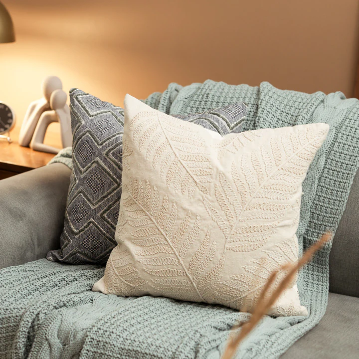 Fern Embroidered Cotton Cushion Cover 45x45cm - Beige - Image 3
