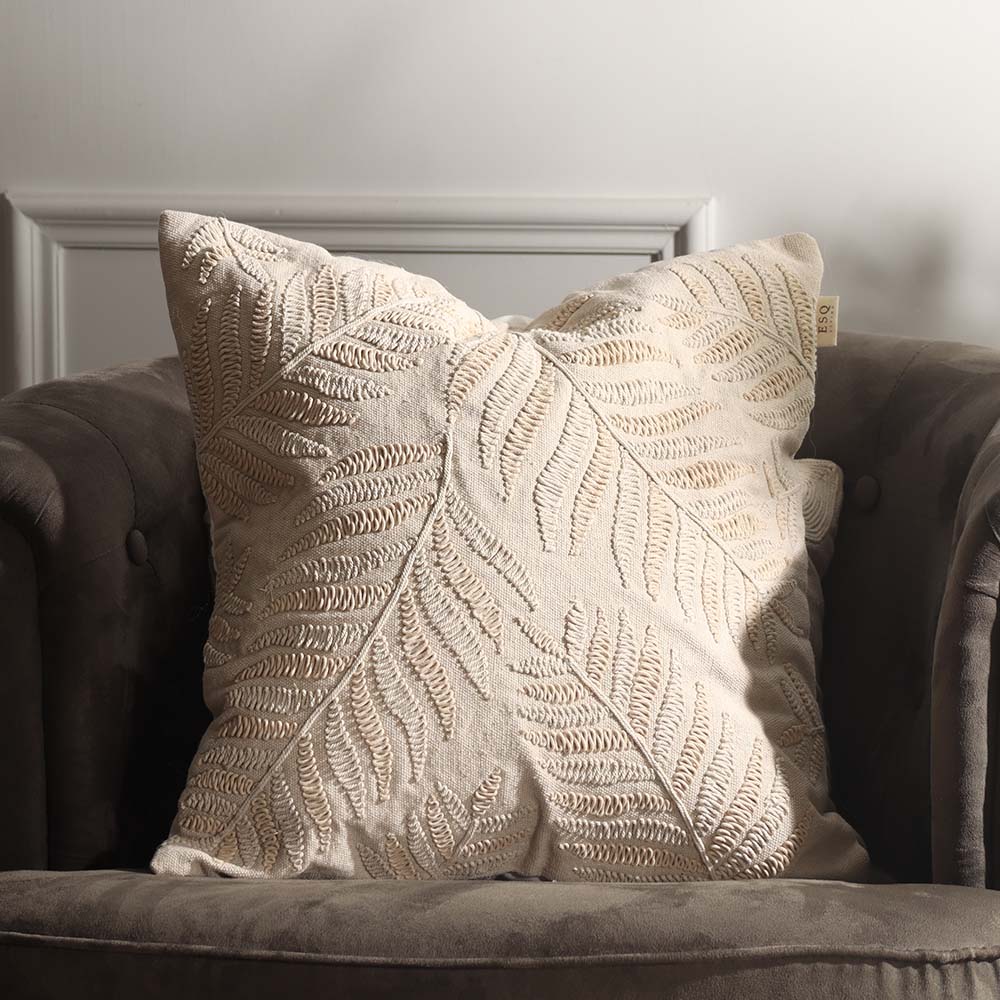 Fern Embroidered Cotton Cushion Cover 45x45cm - Beige - Image 4