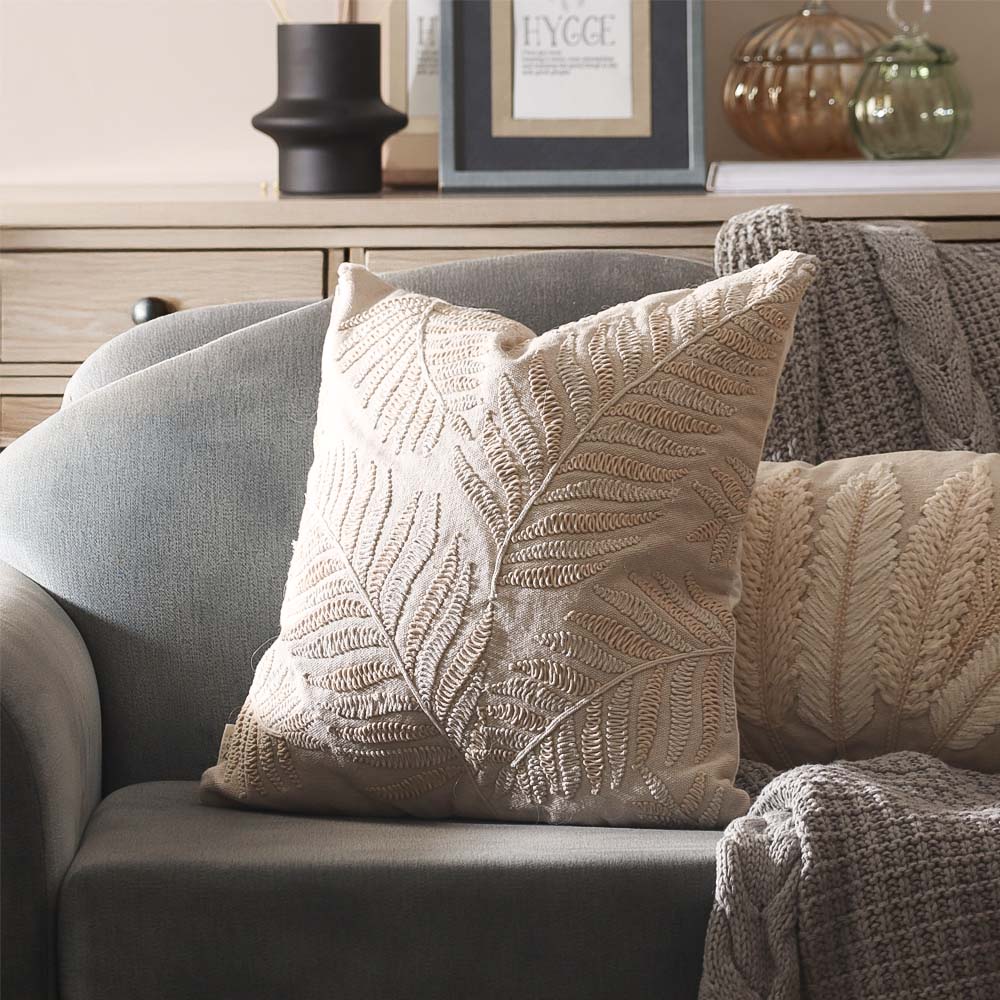Fern Embroidered Cotton Cushion Cover 45x45cm - Beige - Image 5