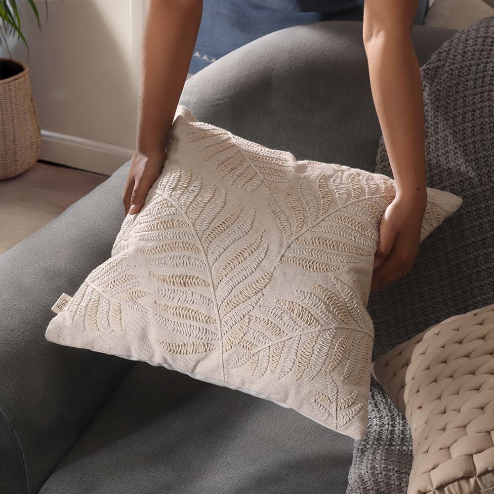 Fern Embroidered Cotton Cushion Cover 45x45cm - Beige - Image 6