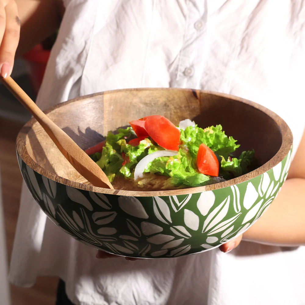 Fez Wooden Storage Bowl Large - Green White - Image 3