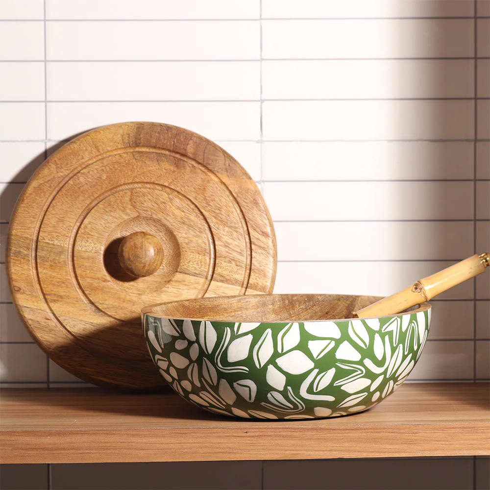 Fez Wooden Storage Bowl Large - Green White - Image 4