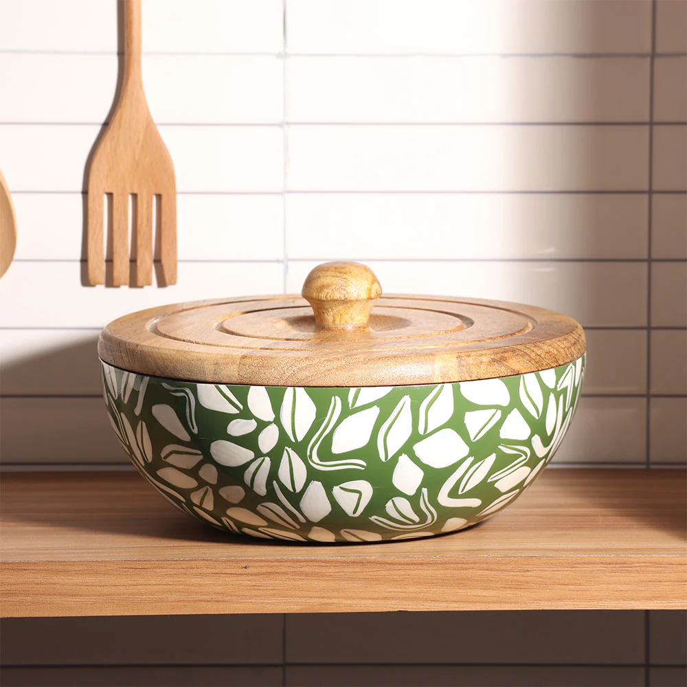 Fez Wooden Storage Bowl Large - Green White - Image 5
