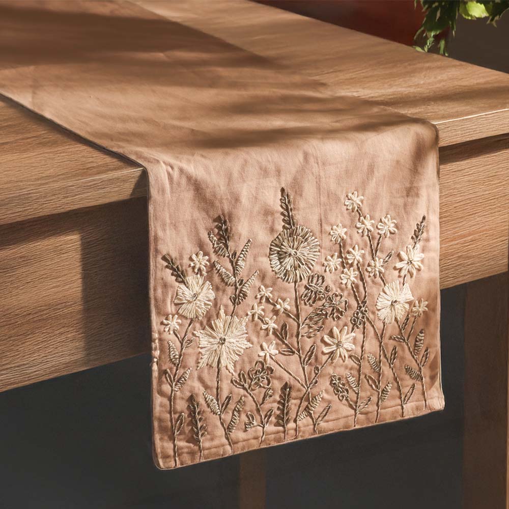 Flora Embroidered Table Runner - Chestnut Brown - Image 3