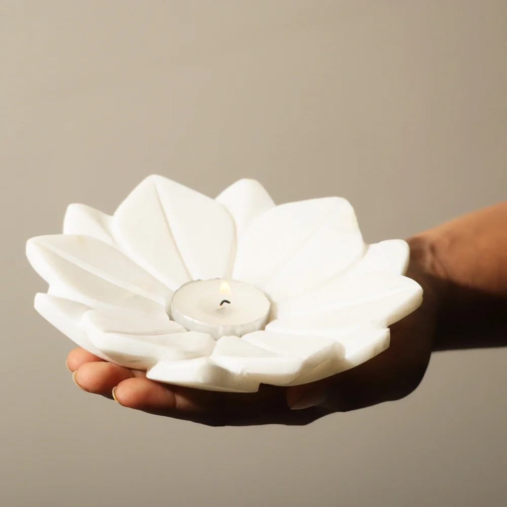 Flora Marble Tealight Holders, Set of 2 - White - Image 3