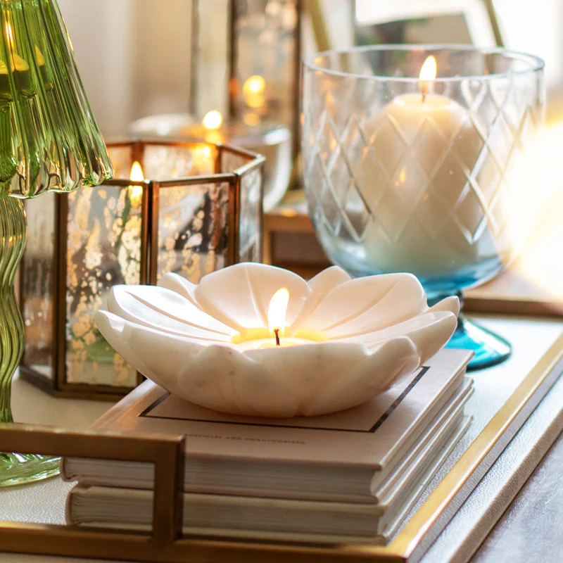 Flora Marble Tealight Holders, Set of 2 - White - Image 4